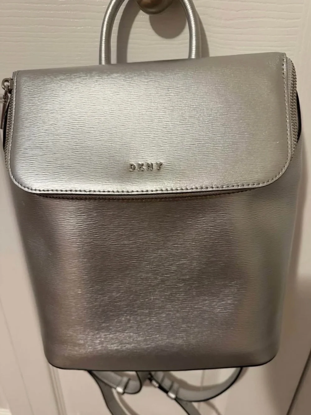 DKNY Metallic Silver Leather Backpack Rucksack Bag